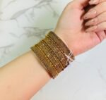 Gold-tone designer bangles set for women, embellished with sparkling stones and intricate detailing, perfect for festive and formal occasions.