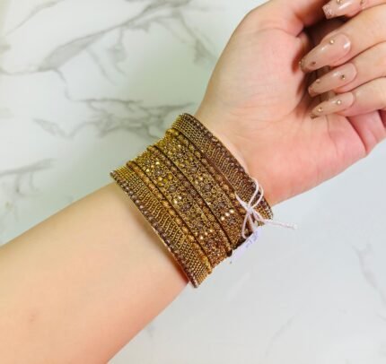 Gold-tone designer bangles set for women, embellished with sparkling stones and intricate detailing, perfect for festive and formal occasions.