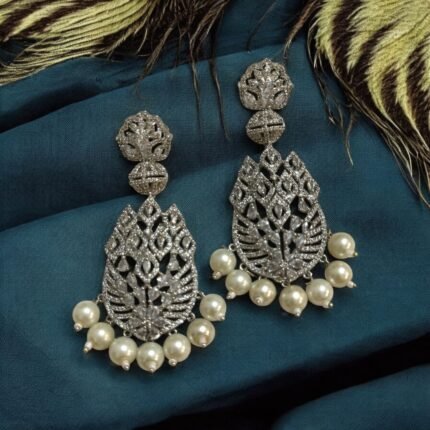 Sparkling diamond-inspired earrings with teardrop pearl accents.