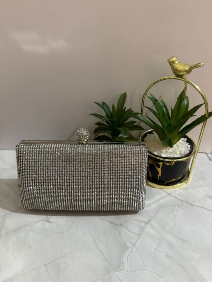 A silver crystal-embellished clutch with a sleek design, placed next to decorative plants.