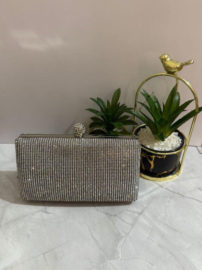 A silver crystal-embellished clutch with a sleek design, placed next to decorative plants.