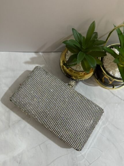 A silver crystal-embellished clutch with a sleek design, placed next to decorative plants.