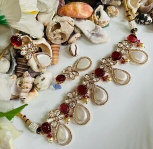 Red stone pearl choker necklace set with kundan work and earrings