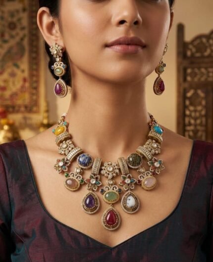 Royal Navratna Necklace Set with multicolor gemstones