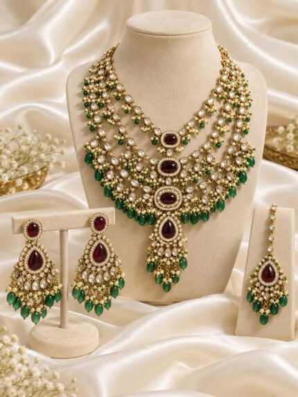 Royal Moissanite Kundan Mala Set with ruby-maroon center stones