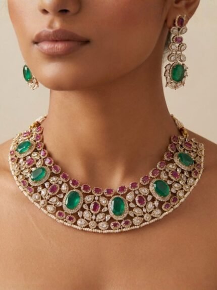Jahan Ara Necklace Set with emerald-green stones and pearl edging